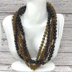 Vintage Beaded Necklace Multi Strand Brown Black Square Round